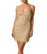 Adrianna Evening by Adrianna Papell Beaded Fringe Strapless Sheath Mini Dress