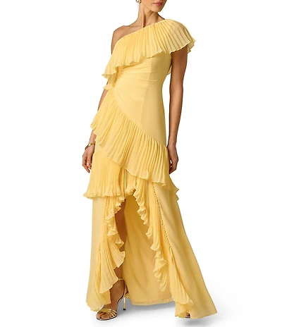 Adrianna Evening by Adrianna Papell Chiffon One Shoulder Long Dress With Ruffles