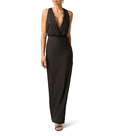 Adrianna Evening by Adrianna Papell Crepe and Lace Plunging Neckline Long Dress