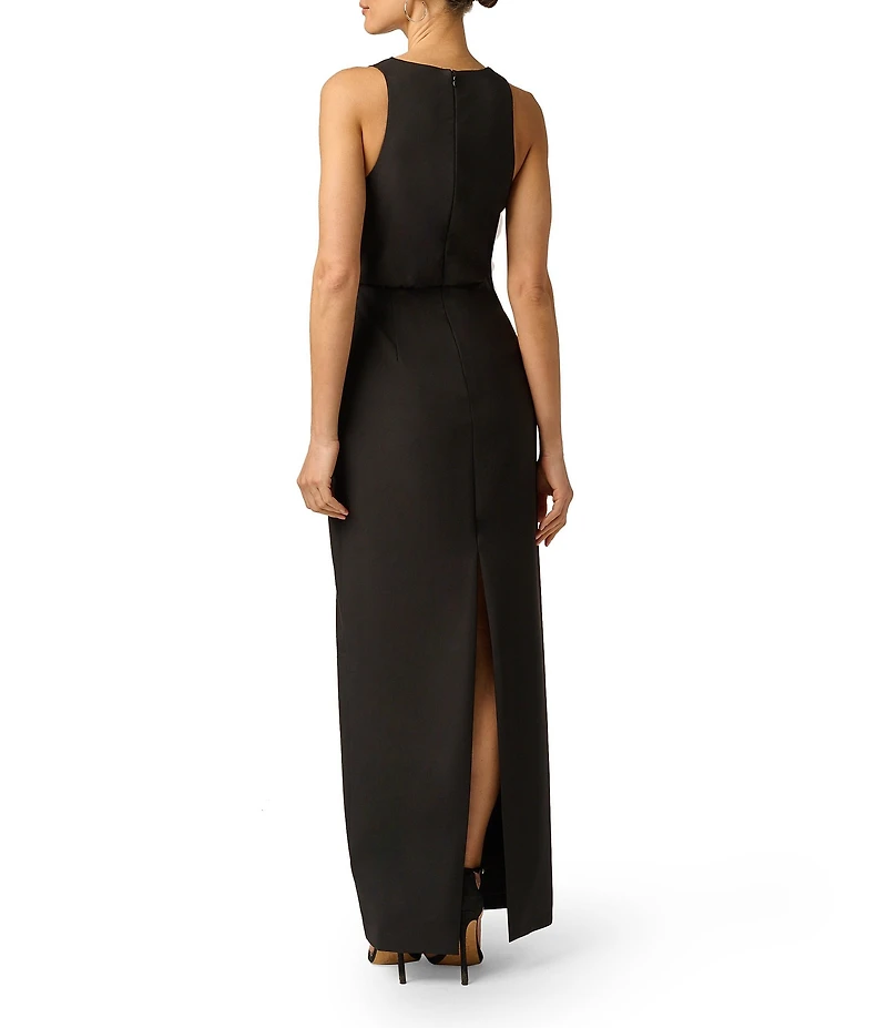 Adrianna Evening by Adrianna Papell Crepe and Lace Plunging Neckline Long Dress