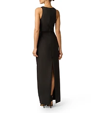 Adrianna Evening by Adrianna Papell Crepe and Lace Plunging Neckline Long Dress
