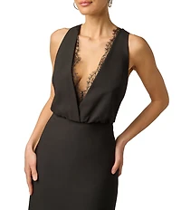 Adrianna Evening by Adrianna Papell Crepe and Lace Plunging Neckline Long Dress