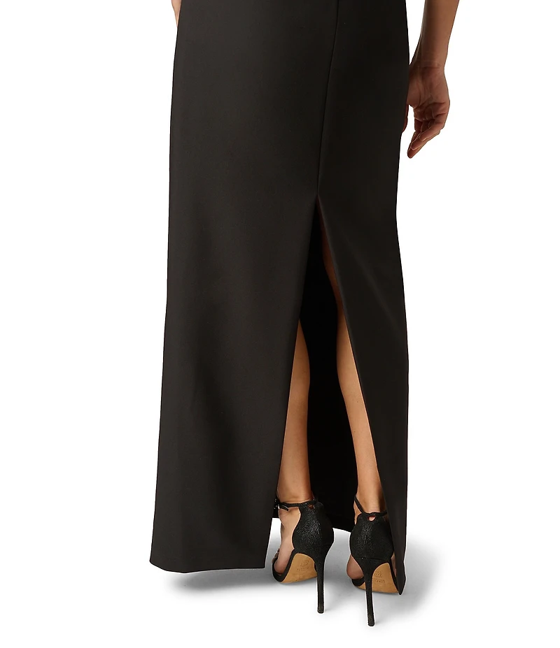 Adrianna Evening by Adrianna Papell Crepe and Lace Plunging Neckline Long Dress