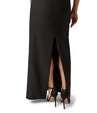 Adrianna Evening by Adrianna Papell Crepe and Lace Plunging Neckline Long Dress