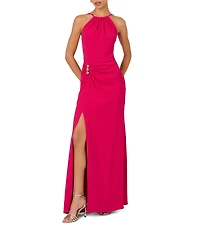 Adrianna Evening By Adrianna Papell Crepe Halter Neckline Sleeveless Hardware Sheath Dress