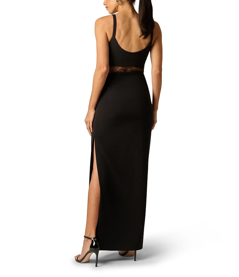 Adrianna Evening by Adrianna Papell Crepe Scoop Neck Sleeveless Lace Illusion Waist Long Dress