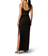 Adrianna Evening by Adrianna Papell Crepe Scoop Neck Sleeveless Lace Illusion Waist Long Dress