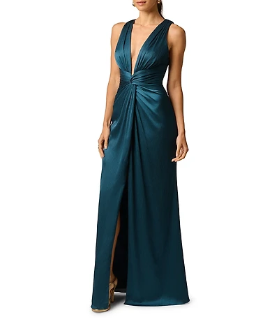 Adrianna Evening by Adrianna Papell Crinkle Satin Plunging V-neck Sleeveless Sheath Dress