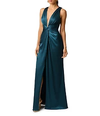 Adrianna Evening by Adrianna Papell Crinkle Satin Plunging V-neck Sleeveless Sheath Dress