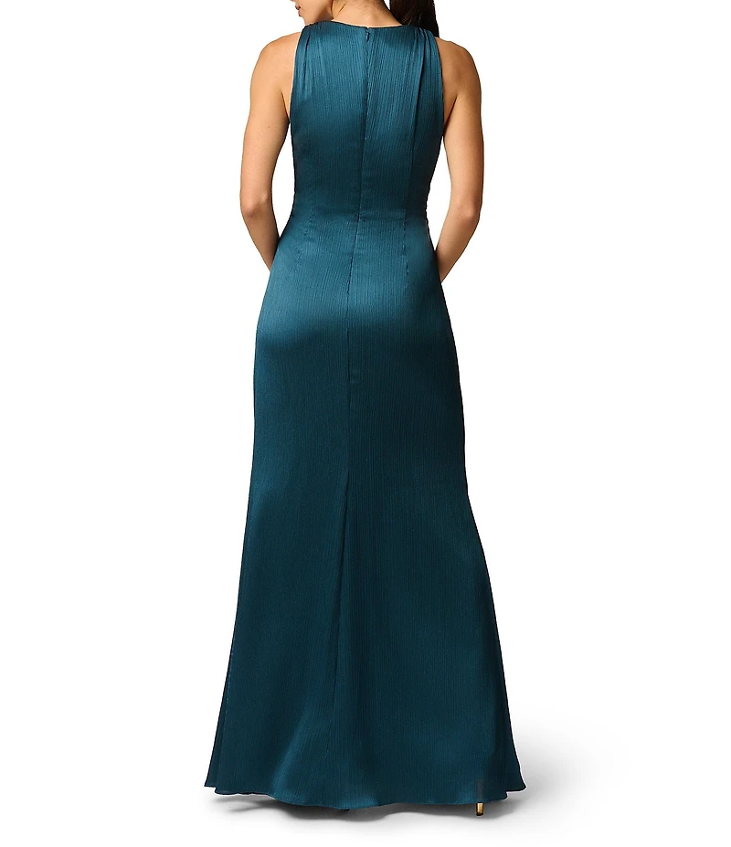 Adrianna Evening by Adrianna Papell Crinkle Satin Plunging V-neck Sleeveless Sheath Dress