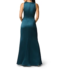 Adrianna Evening by Adrianna Papell Crinkle Satin Plunging V-neck Sleeveless Sheath Dress
