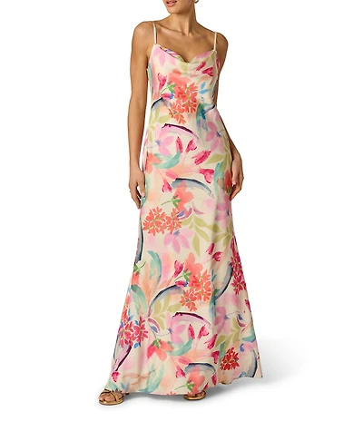 Adrianna Evening by Adrianna Papell Floral Print Sateen Cowl Neck Back Strap Details Sheath Dress