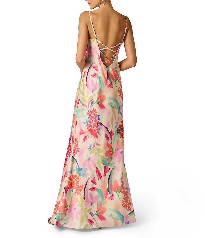Adrianna Evening by Adrianna Papell Floral Print Sateen Cowl Neck Back Strap Details Sheath Dress