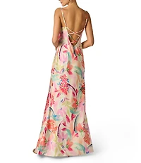 Adrianna Evening by Adrianna Papell Floral Print Sateen Cowl Neck Back Strap Details Sheath Dress