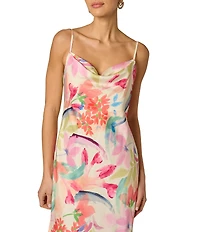 Adrianna Evening by Adrianna Papell Floral Print Sateen Cowl Neck Back Strap Details Sheath Dress