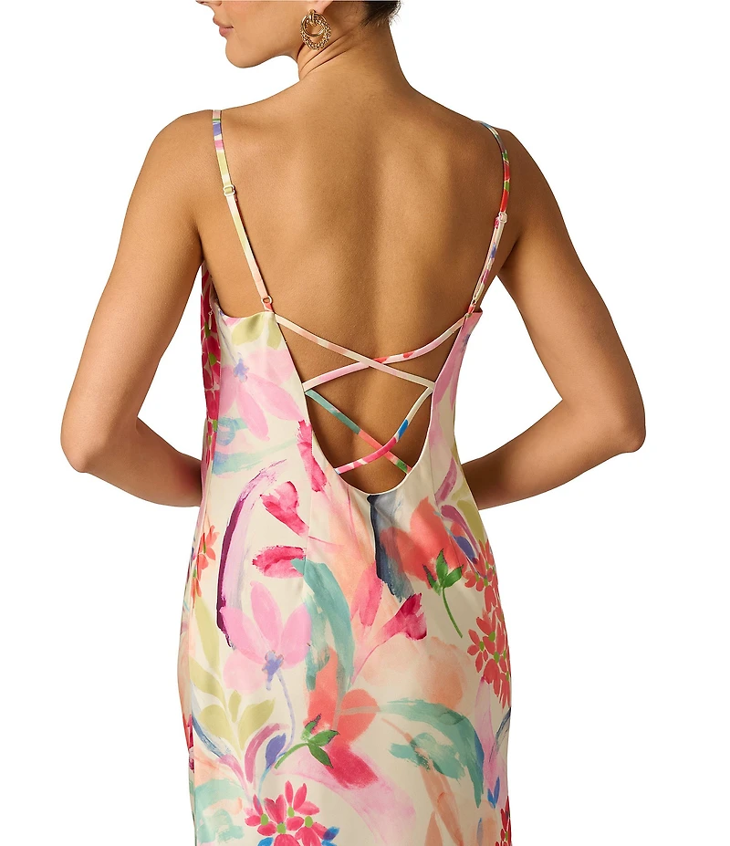 Adrianna Evening by Adrianna Papell Floral Print Sateen Cowl Neck Back Strap Details Sheath Dress