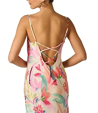 Adrianna Evening by Adrianna Papell Floral Print Sateen Cowl Neck Back Strap Details Sheath Dress