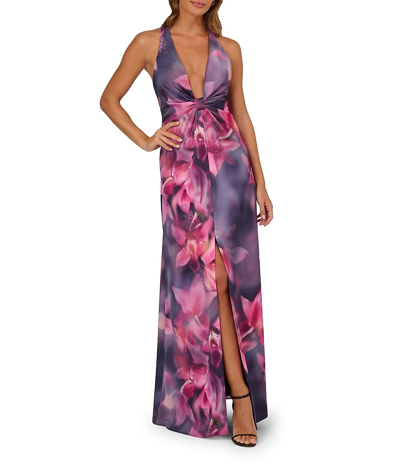 Adrianna Evening By Adrianna Papell Floral Print Stretch Sateen Plunging V-Neck Sleeveless Long Dress