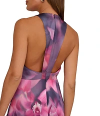 Adrianna Evening By Adrianna Papell Floral Print Stretch Sateen Plunging V-Neck Sleeveless Long Dress