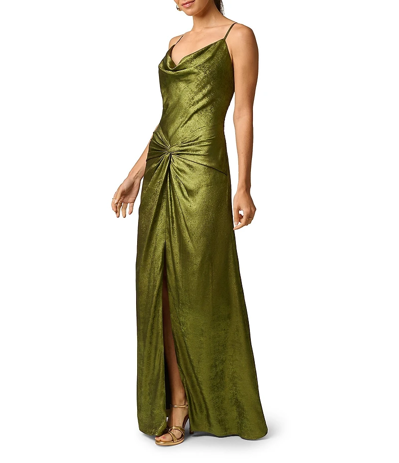 Adrianna Evening by Adrianna Papell Foiled Chiffon Cowl Neck Sleeveless Long Sheath Dress