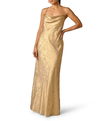 Adrianna Evening by Adrianna Papell Foiled Chiffon Cowl Neck Sleeveless Chain Strap Sheath Long Dress