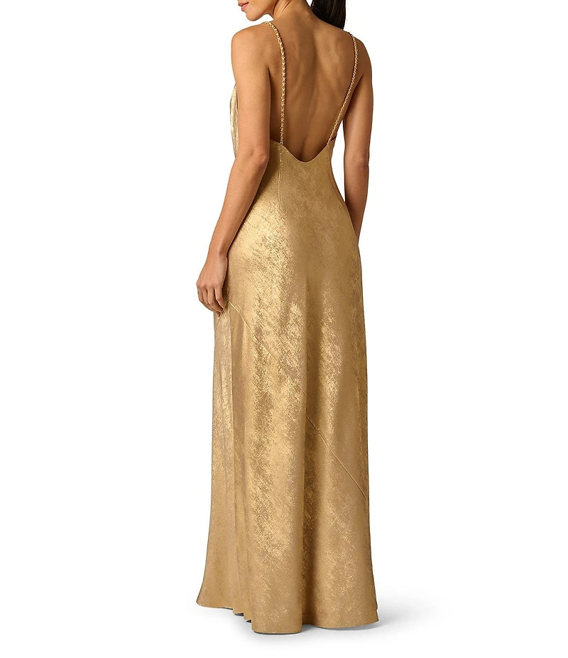 Adrianna Evening by Adrianna Papell Foiled Chiffon Cowl Neck Sleeveless Chain Strap Sheath Long Dress