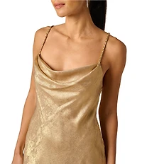 Adrianna Evening by Adrianna Papell Foiled Chiffon Cowl Neck Sleeveless Chain Strap Sheath Long Dress