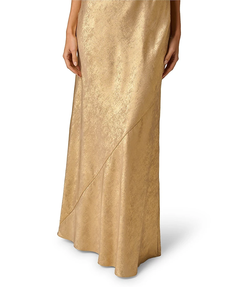 Adrianna Evening by Adrianna Papell Foiled Chiffon Cowl Neck Sleeveless Chain Strap Sheath Long Dress