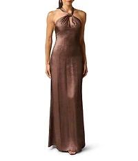 Adrianna Evening by Adrianna Papell Foiled Chiffon Halter Neck Sleeveless Long Sheath Dress