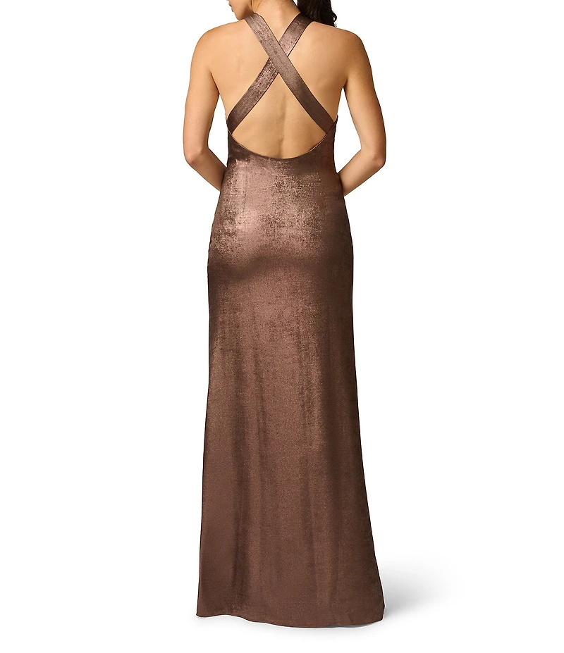 Adrianna Evening by Adrianna Papell Foiled Chiffon Halter Neck Sleeveless Long Sheath Dress