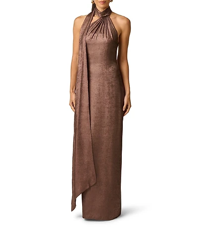 Adrianna Evening by Adrianna Papell Foiled Chiffon Halter Neck With Scarf Sleeveless Sheath Dress
