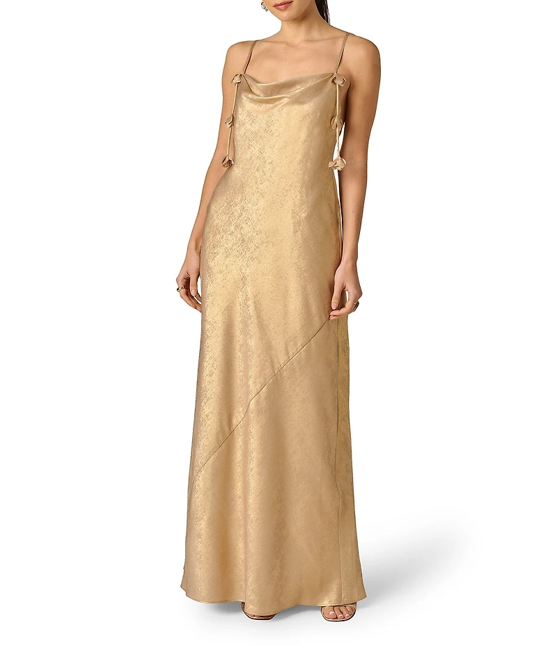 Adrianna Evening by Adrianna Papell Foiled Chiffon Long Dress With 3D Flowers