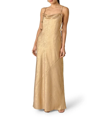 Adrianna Evening by Adrianna Papell Foiled Chiffon Long Dress With 3D Flowers
