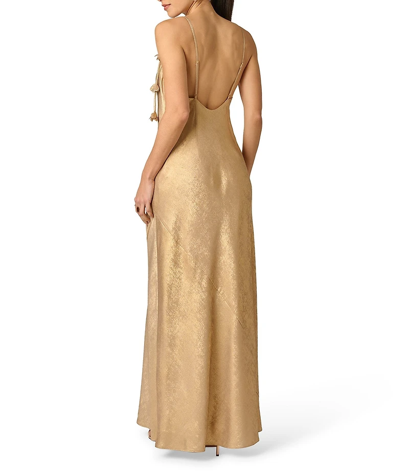 Adrianna Evening by Adrianna Papell Foiled Chiffon Long Dress With 3D Flowers