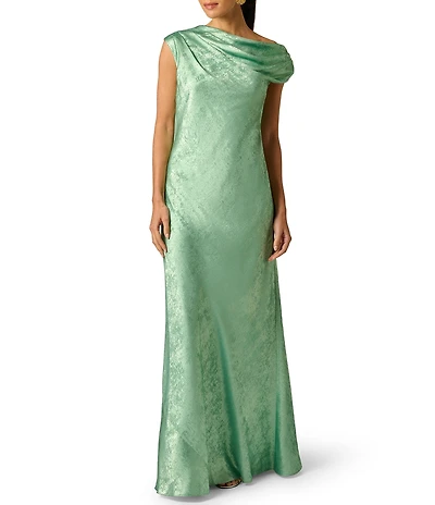 Adrianna Evening by Adrianna Papell Foiled Chiffon Long Dress With Draped Bodice