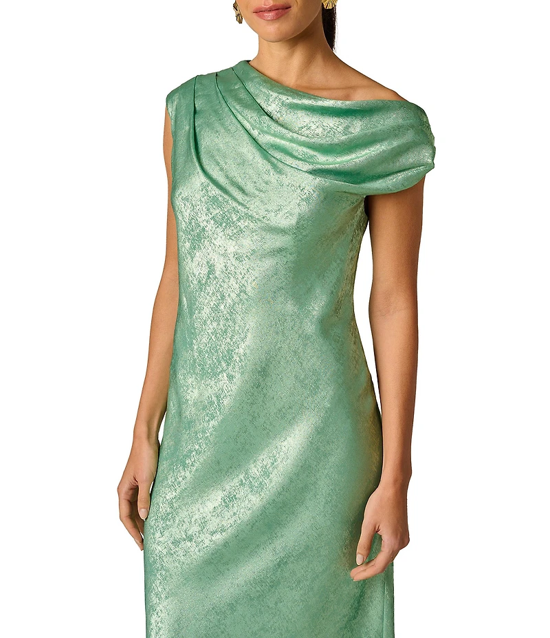 Adrianna Evening by Adrianna Papell Foiled Chiffon Long Dress With Draped Bodice