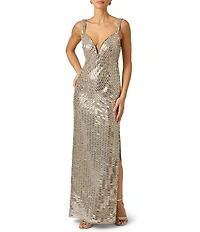 Adrianna Evening by Adrianna Papell Fully Beaded Mesh Plunging Sweetheart Neckline Sleeveless Long Dress