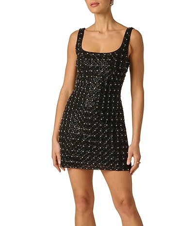 Adrianna Evening by Adrianna Papell Fully Beaded Mesh Square Neck Sleeveless Sheath Mini Dress