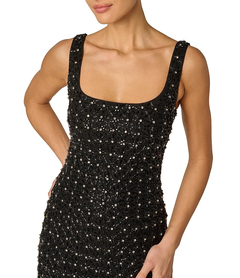 Adrianna Evening by Adrianna Papell Fully Beaded Mesh Square Neck Sleeveless Sheath Mini Dress
