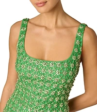 Adrianna Evening by Adrianna Papell Fully Beaded Mesh Square Neck Sleeveless Sheath Mini Dress