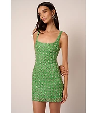 Adrianna Evening by Adrianna Papell Fully Beaded Mesh Square Neck Sleeveless Sheath Mini Dress