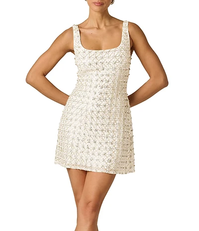 Adrianna Evening by Adrianna Papell Fully Beaded Mesh Square Neck Sleeveless Sheath Mini Dress
