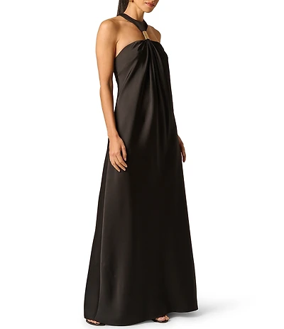 Adrianna Evening by Adrianna Papell Halter Hardware Neckline Stretch Satin Long Dress