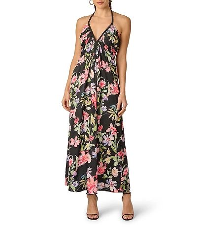 Adrianna Evening by Adrianna Papell Halter Printed Satin Maxi Dress With Gathers