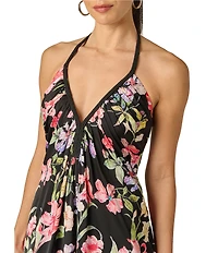 Adrianna Evening by Adrianna Papell Halter Printed Satin Maxi Dress With Gathers