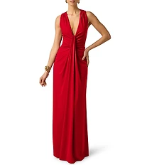Adrianna Evening by Adrianna Papell Jersey Long Dress With Plunging Neckline and Skirt Drape