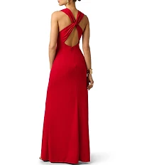Adrianna Evening by Adrianna Papell Jersey Long Dress With Plunging Neckline and Skirt Drape
