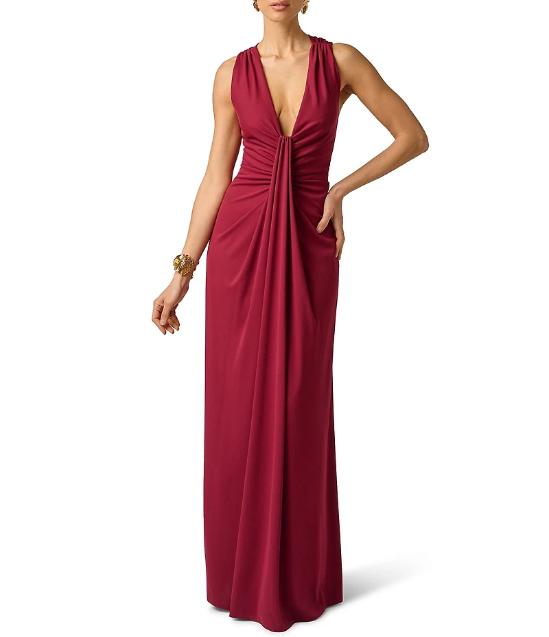 Adrianna Evening by Adrianna Papell Jersey Long Dress With Plunging Neckline and Skirt Drape