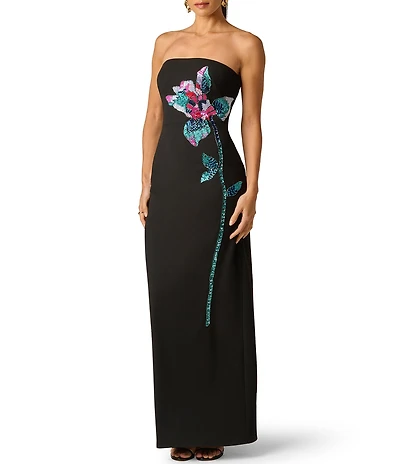 Adrianna Evening by Adrianna Papell Knit Crepe Beaded Flower Sheath Long Dress