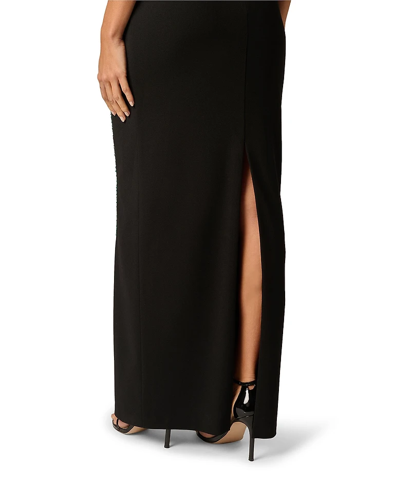 Adrianna Evening by Adrianna Papell Knit Crepe Beaded Flower Sheath Long Dress